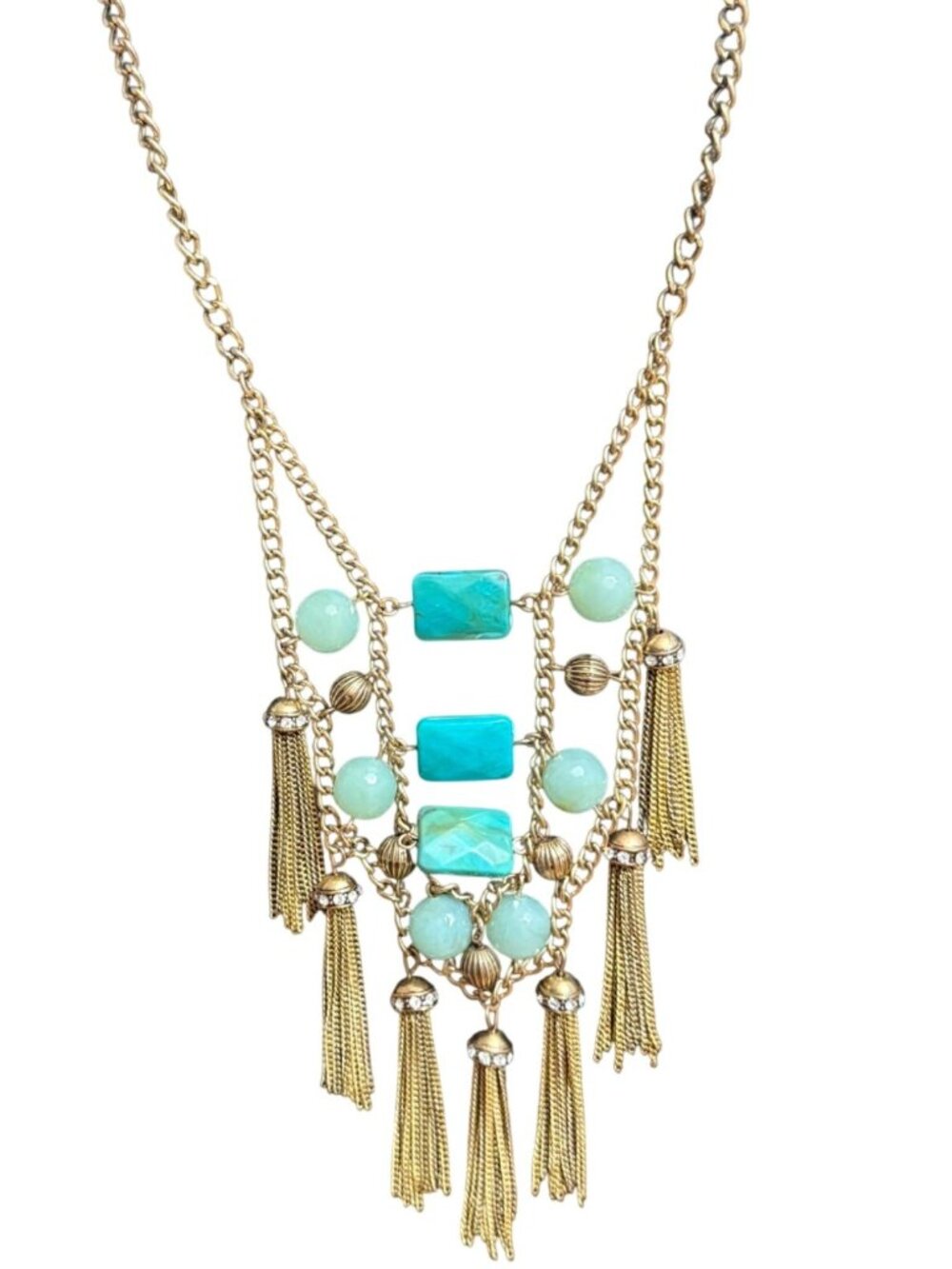 I Am Necklace Blue Beaded Tassel Boho Southwestern Gold Tone 19-22 inches